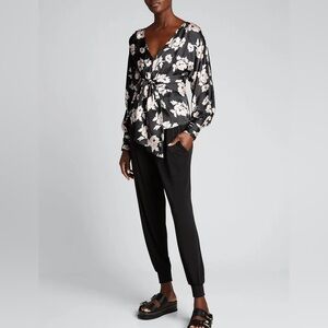 CINQ À SEPT Yesenia Floral Textured Tie Front Silk Blouse in
Black/ Multi Size M